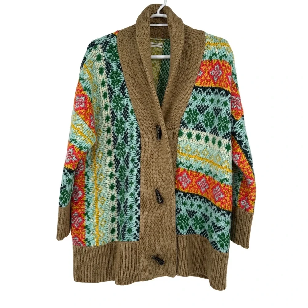 Anthropologie Fair Isle Shawl Collar Toggle Cardigan Sweater Multi Color M/L - Picture 3 of 9